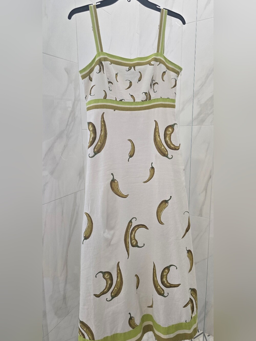 Rachel Zoe White Emphire Maxi Dress w/Bold Olive Green Peppers, Green Border S:2